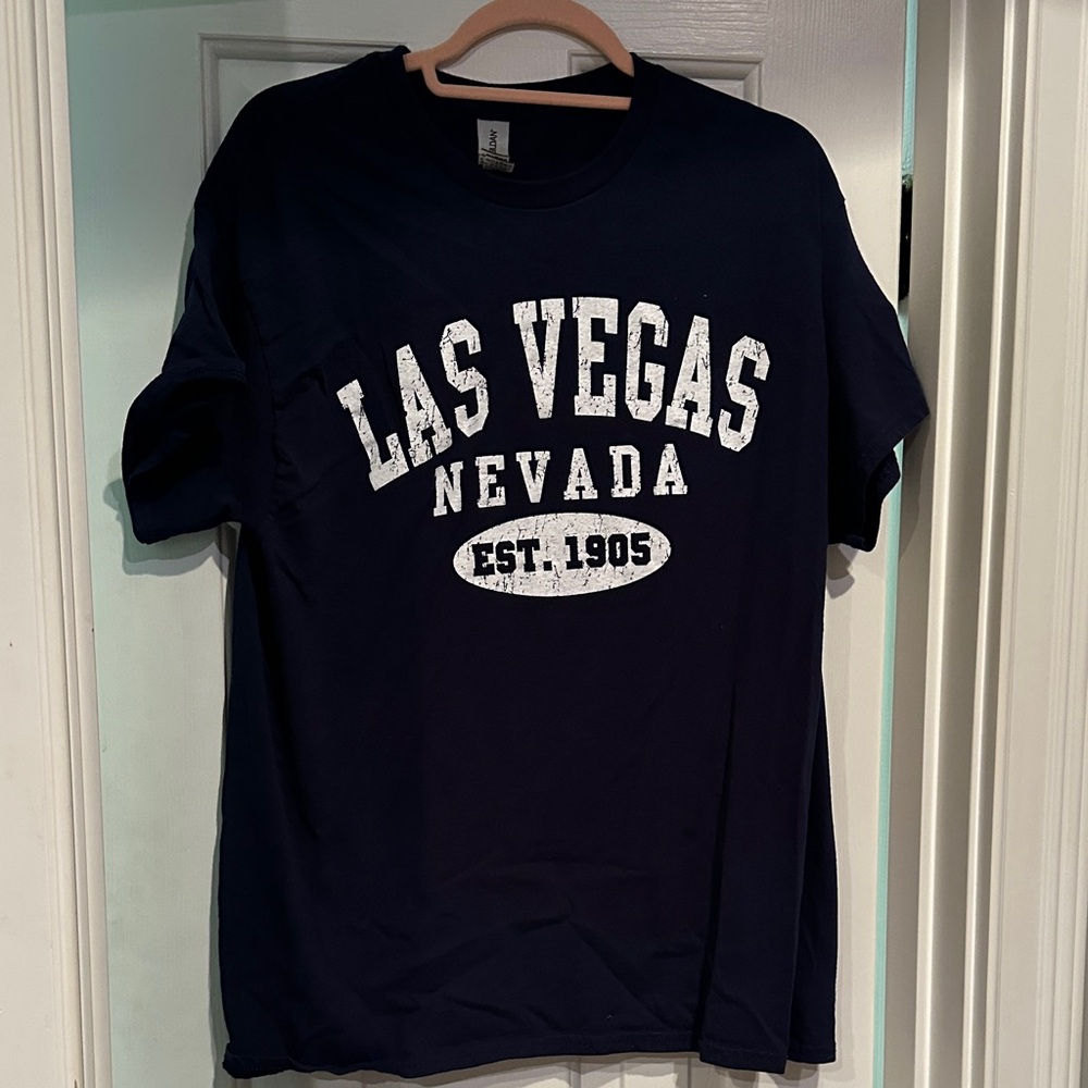 Gildan large Navy Blue Graphic T-Shirt.  Las Vegas logo.  Like new